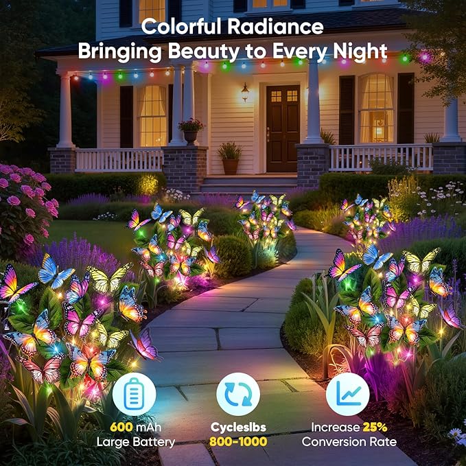Solar Lights Outdoor Garden Decor: 2 Pack 34 Silk Butterflies with 44 Color-Changing LEDs - Auto On/Off 12H Magical Lighting IP65 Waterproof for Yard Patio Pathway - Unique Gifts for Mom Grandma NFEVER