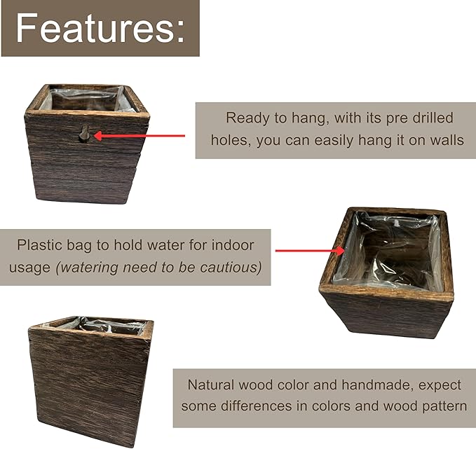 LaLaGreen Wood Planter Boxes for Indoor Plants (4x4 Inch, 6 Pack) Small Square Wall Mounted Planters Flower Pot, Herb Wooden Box Hanging Plant Holder Outdoor Balcony Vertical Garden Modern Home Decor L%C3%A1L%C3%A1Green