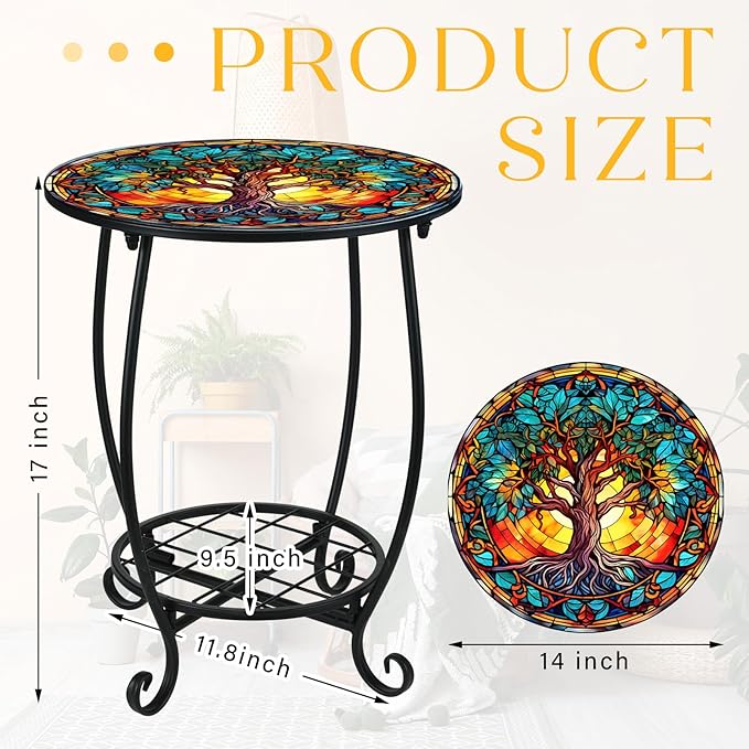 Outdoor Side Table Round Small Mosaic Patio Accent Indoor End Plant Coffee Tea Table for Yard Patio Porch Garden Living Room, Bedroom(Tree Style,14 Inch) Cinnvoice