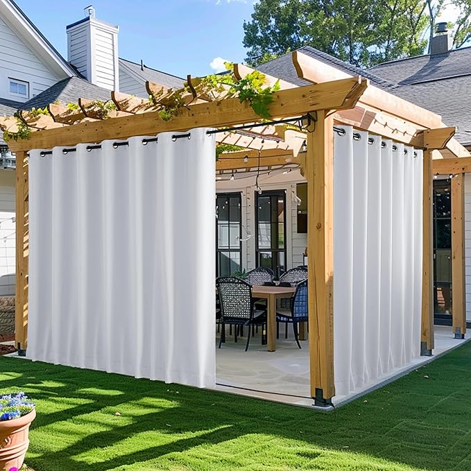 NICETOWN 2 Panels Windproof Outdoor Curtains for Patio Waterproof, Extra Wide Grommet & Back Tab on Top & Bottom Thermal Insulated Sun Blocking Drapes with Rope for Deck, Greyish White, W100 x L95 NICETOWN