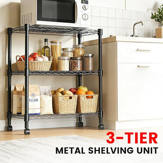 Xcity Storage Shelves, 3 Tier Heavy Duty Metal Shelving Unit with Wheels, 1050 LBS Capacity Adjustable Steel Wire Shelf Organizer for Pantry, Kitchen, Garage, 14" D x 24" W x 30" H, Black Rootora