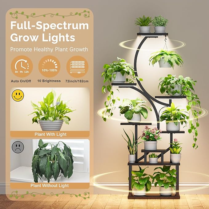 Plant Stand Indoor with Grow Lights - 62" Tall Plant Shelf, Lighted Corner Plant Stands for Indoor Growing, 8 Tiered Large Flower Holder, S-Shaped Plants Rack for Living Room, Patent Design, Black BACEKOLL