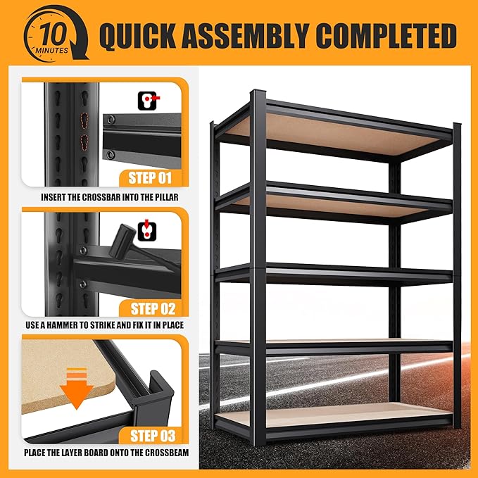 71.2" H Garage Shelving Heavy Duty Storage Shelves, Metal Adjustable Shelving Unit, Utility Garage Organizer Shelf for Basement, Pantry, Kitchen, Warehouse, 31.5" W x 13.8" D x 71.2" H, Black Rootora