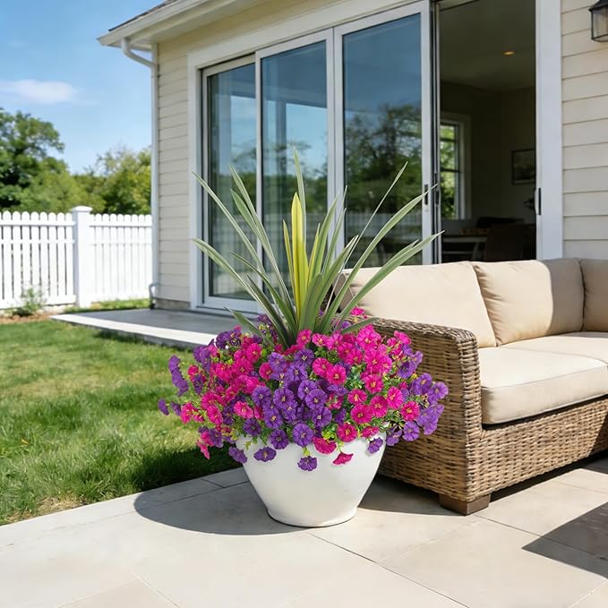 Artificial Flowers for Outdoors Fake Plants Outside, 12 Bundles Silk Morning Glory with Eucalyptus + Orchid Leaf UV Resistant Realistic Faux Flowers for Porch Planter Garden Patio (Purple Fuchsia) INXUGAOArtificialFlowers