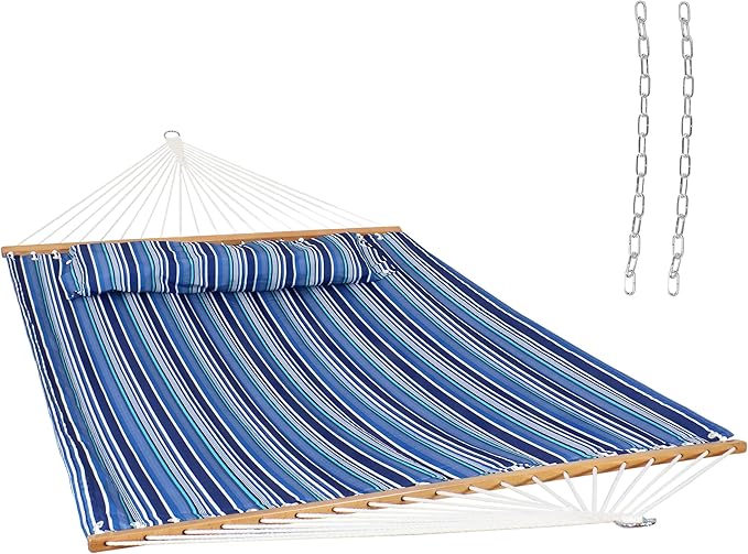 Sunnydaze Quilted Outdoor Hammock with Spreader Bars - Heavy-Duty 450-Pound Capacity Double Hammock for Outside - Breakwater Stripe SunnydazeDecor