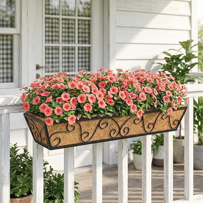 Y&M 30 Inch Butterfly Window Deck with Coco Liner, Fence Metal Hanging Flower Planter Window Basket Deck Railing Planter Boxes for Outdoor Garden Lawn 2pcs YM
