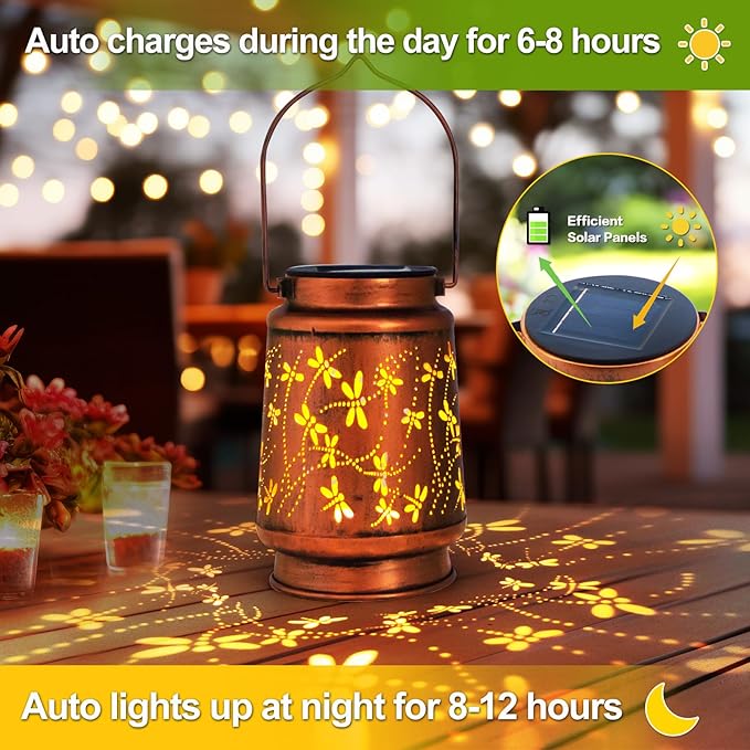 Dragonfly Birthday Gifts for Women Mom Grandma Solar Lanterns Outdoor Waterproof Garden Decor Metal Hanging LED Decorative Light for Patio Yard Lawn Backyard Front Porch Gardening Gifts DIBIEECN