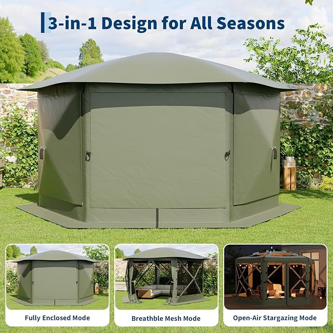 11.5x11.5FT 6-Sided Pop Up Gazebo Tent，One-Push Setup Canopy Tent with Mesh Panels & Removable Wind Cloths, Outdoor shelter for Camping, Backyard Parties, Outdoor Events - Army Green GarveeLife