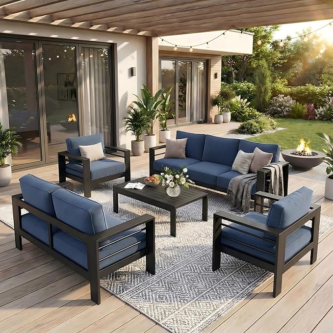 Solaste Aluminum Outdoor Patio Furniture Set, 7 Seats Patio Sectional Sofa with 5" Thick Cushion, Outdoor Patio Set with Coffee Table for Porch, Backyard, Deck, Yard, Blue Solaste
