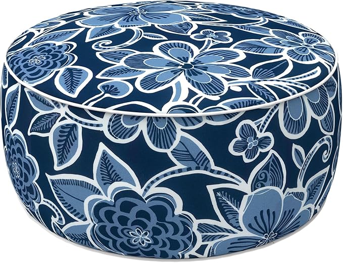 LVTXIII Indoor/Outdoor Inflatable Ottoman with Handle D21 x H9 Inch, Weather-Resistant Round Footstool Pouf for Patio Camping Living Room, Portable Footrest Extra Seating, Flower Navy LVTXIII