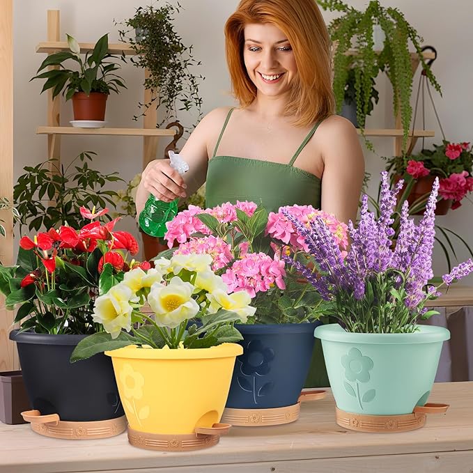 Plastic Plant Pots 10 Inch Set of 4, Self Watering Pots with Drainage Holes, Saucer & Reservoir, Flower Pots for Indoor/Outdoor Plants, Decorative Nursery Planting Pots (Multicolor) gegemaoyi