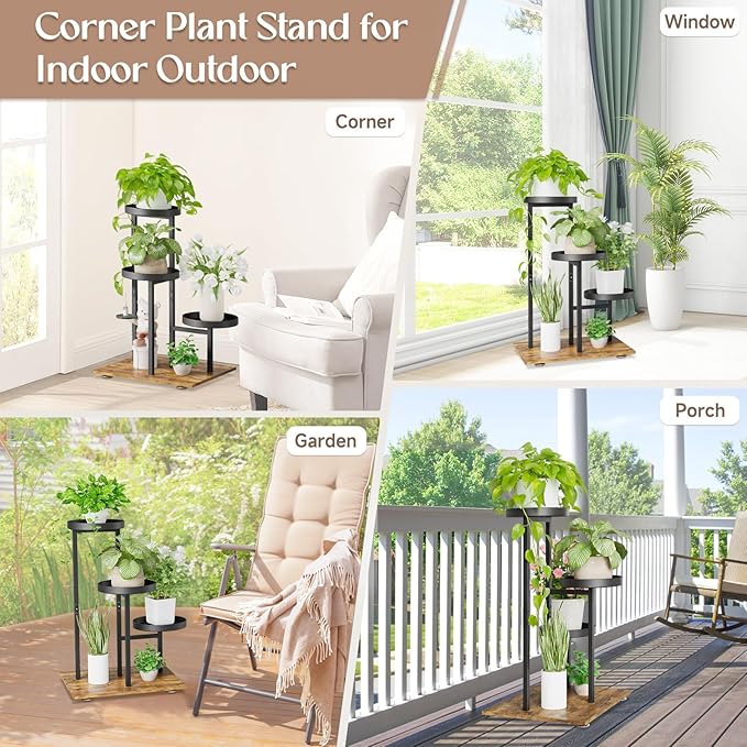 iDavosic.ly 3 Tier Plant Stand Indoor, Tiered Corner Flower Holder Shelf Outdoor, Metal Tall Orchid Display Rack for Patio Porch Garden Balcony Office Living Room, Modern Black & Rustic Brown iDavosicly