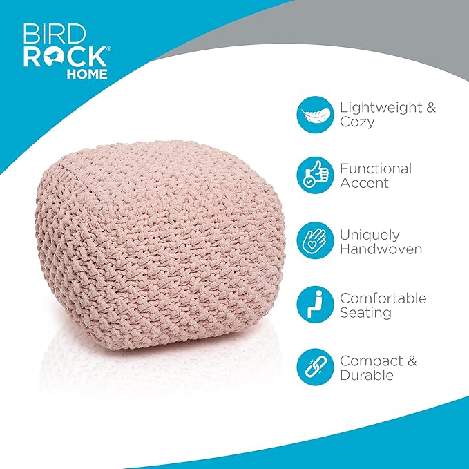 BIRDROCK HOME Square Pouf Ottoman | Cotton Braided Foot Stool with Bean Bag Filling | Boho Foot Rest for Living Room, Bedroom | Compact & Comfortable Seating, Lightweight & Sturdy | Dusty Rose BIRDROCKHOME