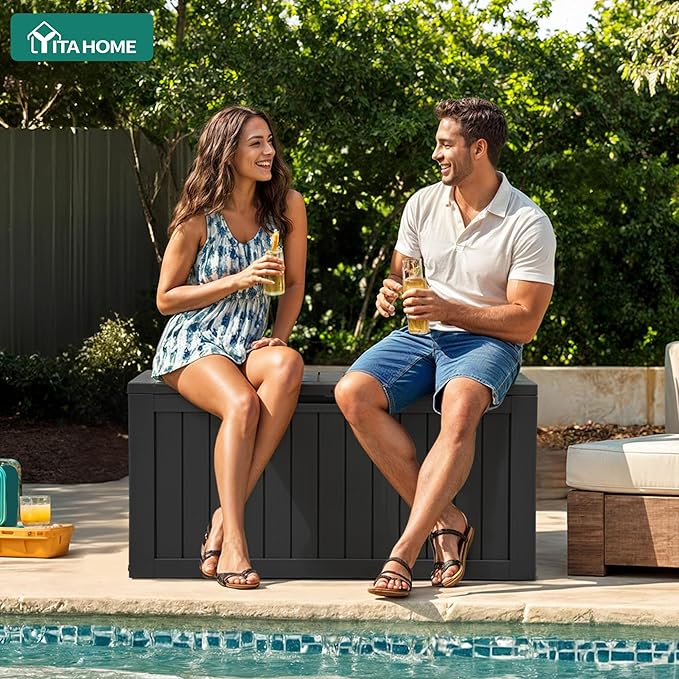 YITAHOME 72 Gallon Outdoor Resin Deck Box with Wheels, Pool Storage Box for Outdoor Cushions, Sports Equipment, Garden Tools, Black YITAHOME