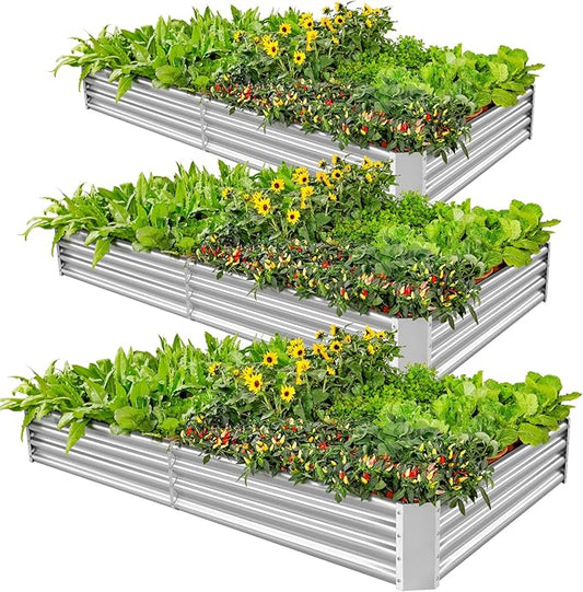 Land Guard 3 Pack 6×3×1ft Galvanized Metal Raised Garden Bed, Metal Planter Kit Box Outdoor for Deep-Rooted Vegetables, Flowers, Green and Herbs, Silver LandGuard