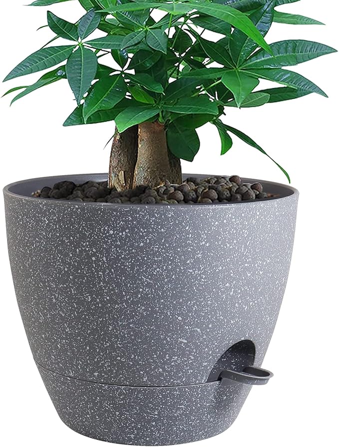 12 inch Large Self Watering Pots, Plastic Planters with 60oZ Removable Deep Reservoir and Multi Mesh Drainage Holes for Indoor Outdoor Garden Plants and Flowers, Grey Speckles UOUZ
