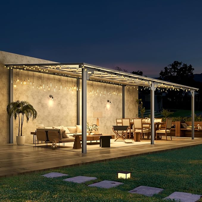 AECOJOY 20' x 12' Gazebo for Patio, Large Wall-Mounted Hard Top Lean-to Gazebo Pergola with Roof 12' x 20' on Clearance, Heavy Duty Patio Awnings for Decks, Backyard AECOJOY