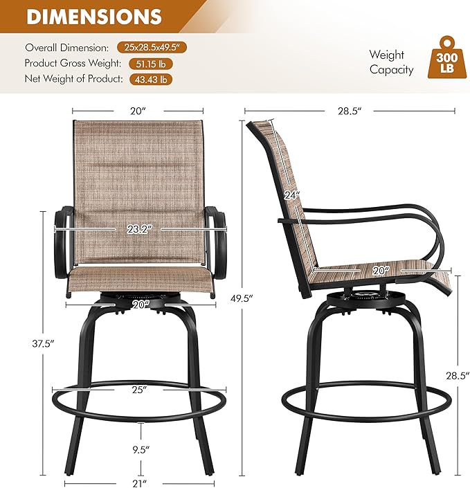 Yaheetech 2 Piece Patio Swivel Bar Stools Texteline Bistro Chairs with High Back/Armrest/Footrest, All Weather Padded Seating Outdoor Furniture Chairs for Outside, Lawn & Garden?Black/Brown Yaheetech