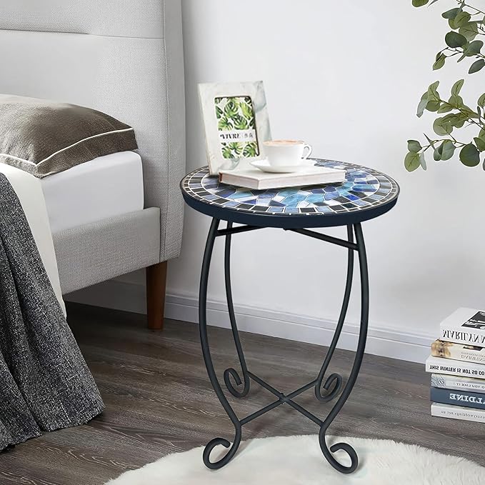 LIFFY Outdoor Side Table,12" Round Ceramic Tile Tabletop Accent Table with Metal Frame, Indoor Small Decorative Plant Stand & End Table for Home, Patio, Garden LiffyArt