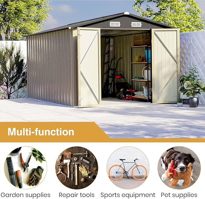 Patiowell 12 x 8 FT Outdoor Storage Shed, Steel Shed Storage House with Design of Lockable Doors, Utility and Tool Storage for Garden, Patio, Backyard, Outside use, Brown Patiowell