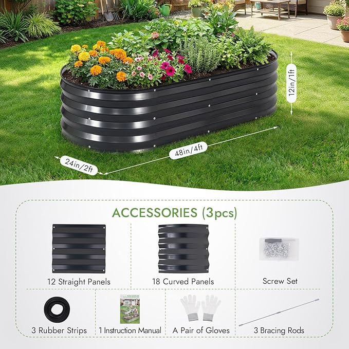 INNO STAGE 3Pcs Galvanized Raised Garden Bed Kit, Outdoor Metal Raised Garden Beds for Vegetables, Rust-Resistant & Easy Assembly, 4x2x1ft Oval Raised beds for Gardening, Flowers, Herbs (CoatedGrey) INNOSTAGE