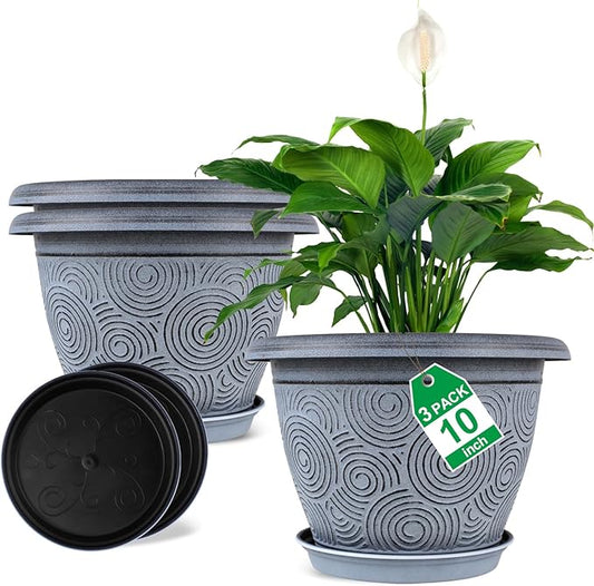 10 Inch Flower Pots Planters for Indoor Outdoor Plants, 3 Pack Plastic Large Plant Pots with Drainage Hole & Tray, Modern Decorative Garden Pot with Saucer, Plant Container for House Fodetyff
