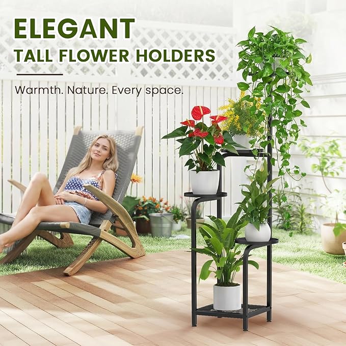 TOSKING 5 Tier Tall Plant Stand Indoor Outdoor, Heavy Duty Corner Shelf for Plants & Decor, Space Saving 3.9FT Metal Flower Pot Stand for Balcony, Garden, Living Room, Patio (Black, 47in) TOSKINGESSENCE