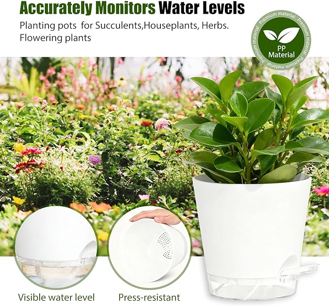 Plant Pots 7 Inch Self Watering Pots, 6 Pack Plastic Planters with Drainage Holes and Clear Saucers,Plastic Flower Pots for Indoor Out Door Plants(White) SQKH