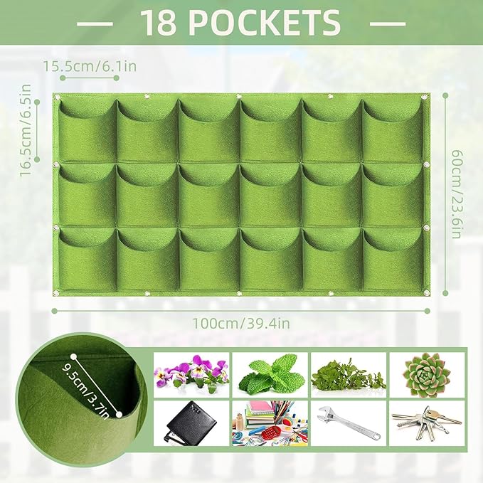 LITLANDSTAR 18 Pockets Hanging Grow Bags, 2 Pack Horizontal Wall Planter Plant Grow Bags Outdoor Indoor Hanging Planter for Balcony/Railing/Fence/Yard/Garden/Home Decoration, Green LITLANDSTAR
