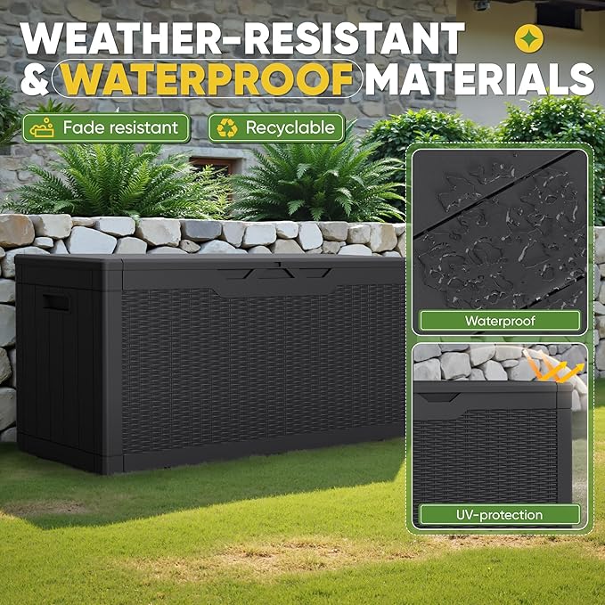 Greesum Outdoor Storage Box 100 Gallon Storage Bin with Lid for Patio Furniture, Garden Tools, Pool Supplies, Lockable, Waterproof and UV Resistant, Black BuynowfromGreesum