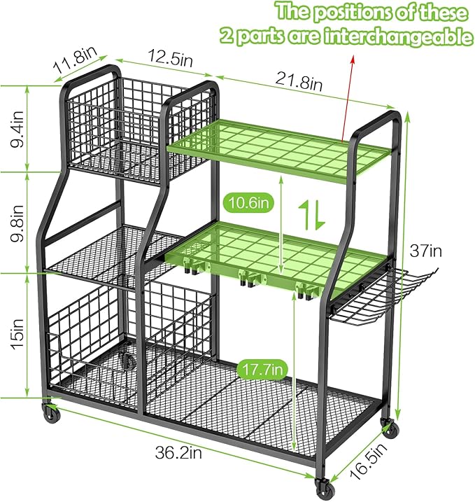 keomaisyto Garden Tool Organizer with Heavy Duty Wheels for Garage - with 2 Baskets, Large Yard Tool Organizer and Storage Holder, Utility Garden Tool Rack for/Shed/Garage/Yard/Basement/Lawn keomaisyto