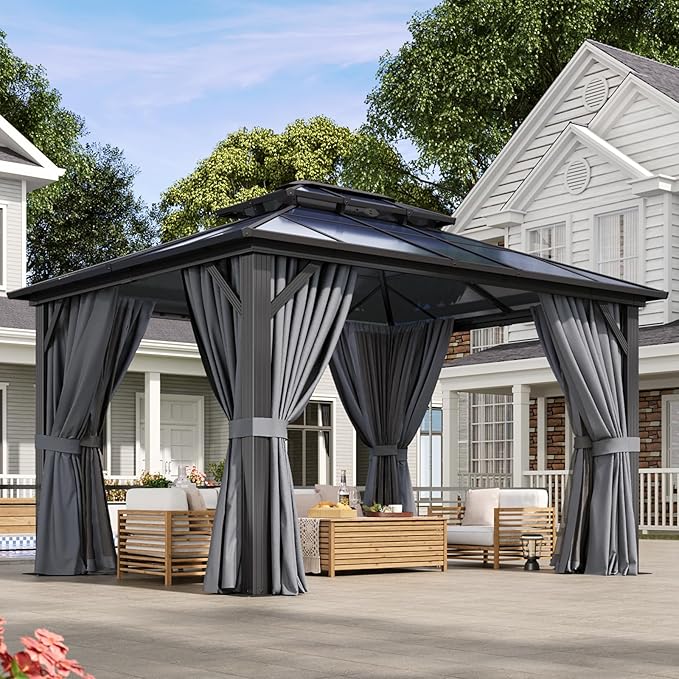 Aoxun 10'x12' Hardtop Gazebo, Aluminum Frame Permanent Pavilion with Curtains and Netting, Outdoor Polycarbonate Double Roof Canopy, Designed for Garden, Lawns, Patio Aoxun