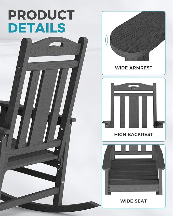Ciokea Oversized Outdoor Rocking Chair, 380lbs Heavy-Duty Large Patio Rocker, Weather Resistant & Anti-Fade Porch Chair, High Back Cozy Rocking Chair for Outside, Fire Pit, Deck, Garden, Dark Grey CIOKEA