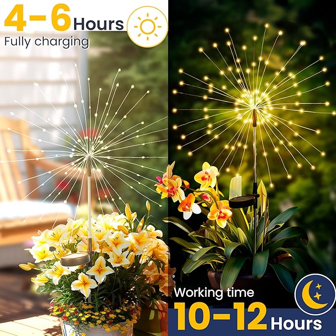 GIGALUMI Garden Decor Outdoor Lights 120LED 4Pack, Solar Garden Lights for Christmas Outside Fairy Firework Decorative,Solar Powered for Yard Pathway Flowerbed Planter Balcony Patio Decor (Warm White GIGALUMI