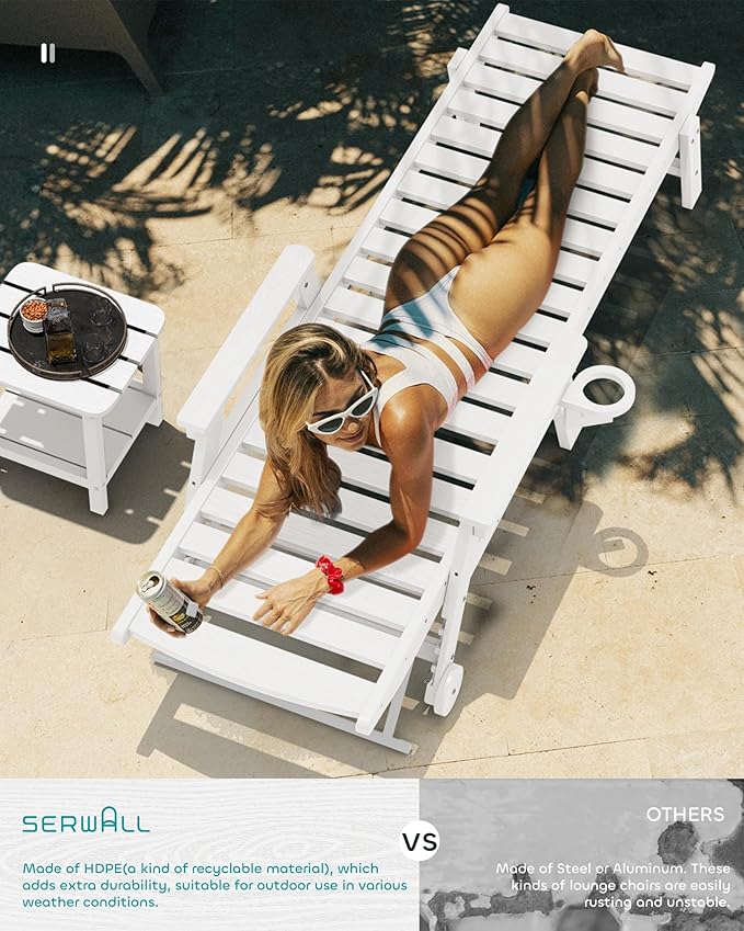 SERWALL Patio Chaise Lounge Chair Set of 2, 78'' Long 5-Positions Adjustable HDPE Outdoor Lounger for Pool, Poly Lounge Chair with Rolling Wheels & Cup Holder for Poolside, Deck, White SERWALL