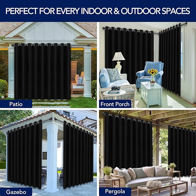 PureFit Outdoor Curtains for Patio Waterproof Weatherproof, UV Resistant Outside Curtains for Gazebo, Front Porch, Pergola, Sun Blocking Privacy Curtain, 150W x 95L inch, 1 Panel, Black PureFit