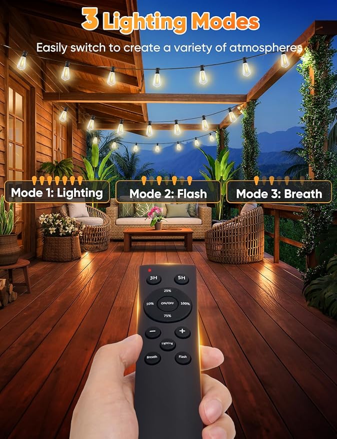 Brightever LED Outdoor String Lights with Remote, 100FT Commercial Grade Waterproof Outdoor Patio Lights, 30+2 ST38 Dimmable Edison Bulbs, 2700K Warm White Rope Light for Outside, Low Voltage 24V Brightever