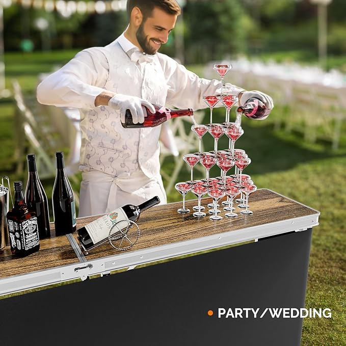VINGLI 78" Portable Bar Table, 2-Tier Shelves, Mobile Bar Table for Events, Party, Camping, Picnic, Tradeshow, Indoor with Black Skirt VINGLI
