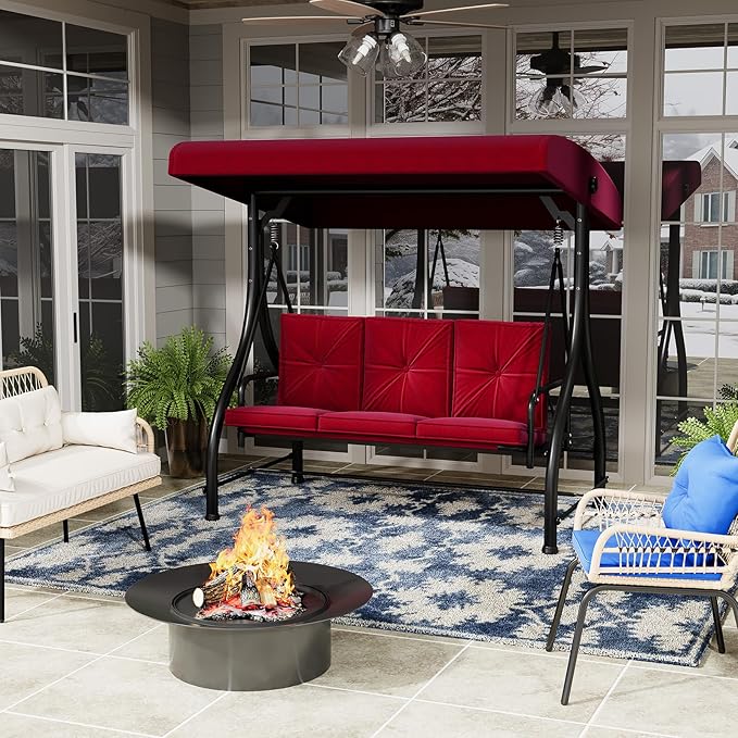 U-MAX Porch Swing Chair with Adjustable Backrest&Canopy, 3 Seat Patio Swing with Canopy 2-in-1 Convertible Outdoor Swing with Canopy Patio Daybed with Removable Burgundy Cushions U-MAX