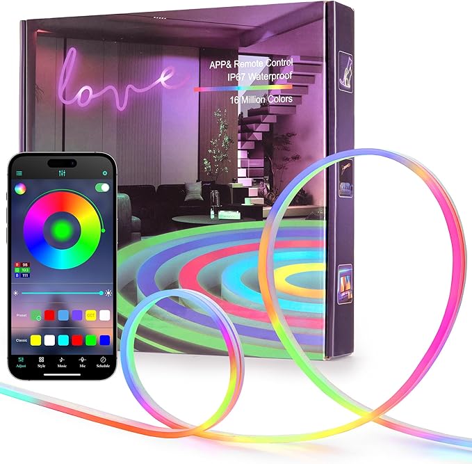 50FT LED Neon Rope Lights, Flexible Led Rope Lights Control with App/Remote, IP67 Outdoor RGB Color Changing Led Neon Lights Waterproof, Music Sync Led Strip Lights for Bedroom Decor Rootora