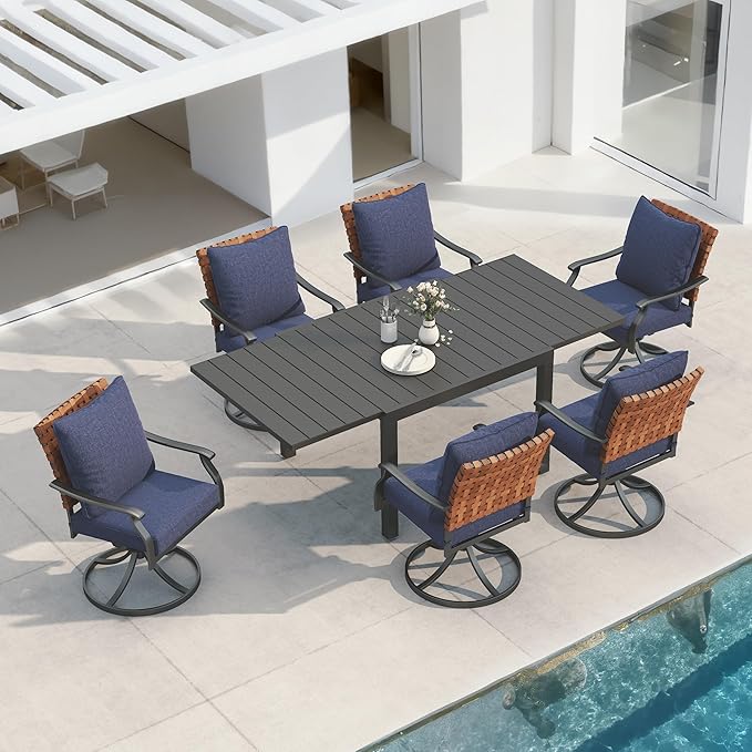 Grand patio 7-Piece Outdoor Dining Set, 6 Leather-Look Wicker Blue Swivel Patio Chairs & 1 Expandable Dining Table, Black GrandPatio