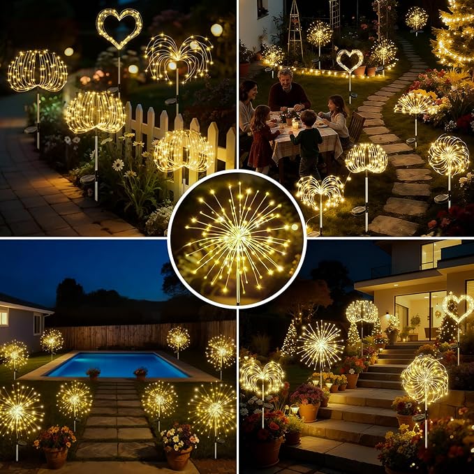 btfarm 4 Pack 120 LED Solar Garden Lights Outdoor, 8 Modes Firework Lights Solar Powered, Waterproof Twinkle Fairy Light Outside for Yard Patio Pathway Pool Christmas Party Decorative, Warm White btfarmdecorativelighting