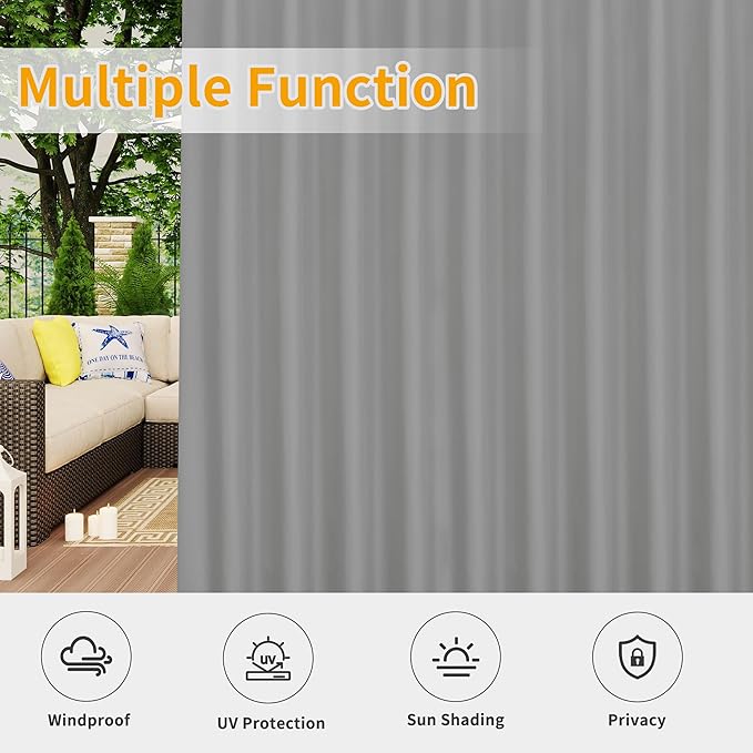 Easy-Going Outdoor Patio Curtains Detachable Tab Top Windproof Weatherproof Curtain for Cabana, Porch, Pergola and Gazebo, Tab Bottom Drape, 2 Panels, 110W x 108L inch, Light Grey Easy-Going