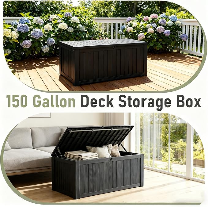 Outdoor Storage Box, Resin Deck Boxes Indoor and outdoor, Waterproof Storage Box Lockable Lid (Black,150 Gallon) NBYSGO