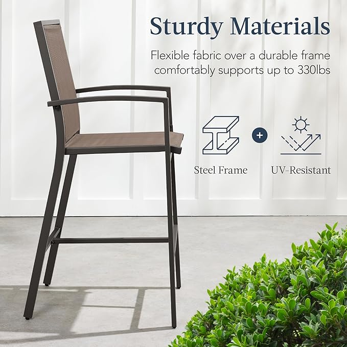 Best Choice Products Outdoor Bar Stools Set of 2, Bar Height, Patio Furniture, All Weather Mesh Design w/Armrest - Brown/Brown BestChoiceProducts