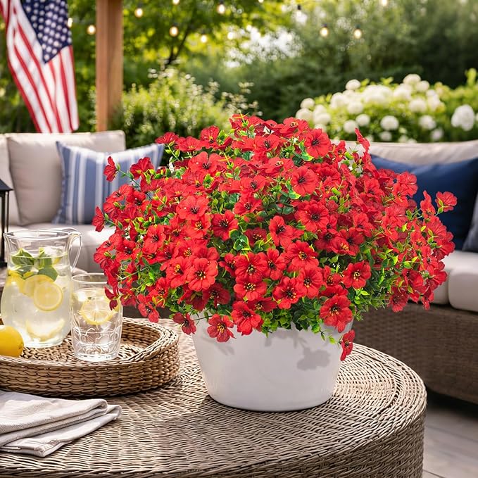 20 Bundles Artificial Flowers for Outdoors, UV Resistant Fake Plants Flowers Greenery Shrubs Plants for Decoration Outside Plants Hanging Planter Home Garden Decor (Red) Grunyia