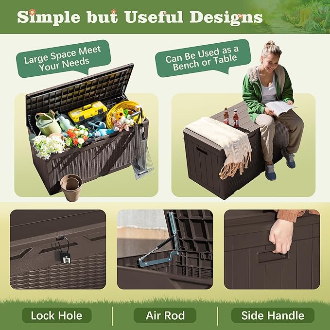Flamaker Outdoor Storage Box 100 Gallon Waterproof Resin Deck Box Delivery with Air Rod Indoor Outdoor Lockable Storage Bench for Patio Cushions, Tools, Pool Accessories (Deep Brown) Flamaker