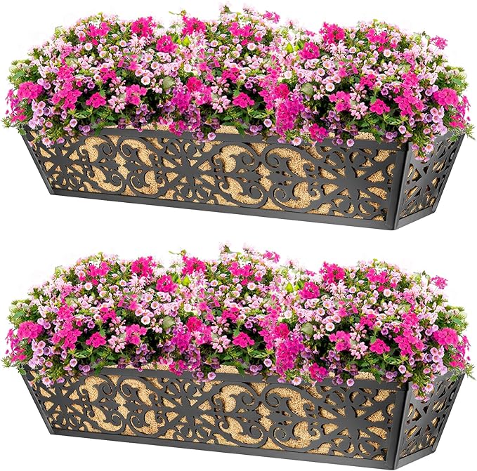 4 Pack 30 Inch Window Boxes Planters Railing Planter Box with Adjustable Brackets & Coco Liners Fabric Plant Grow Bags Deck Railing Planter Boxes Balcony Hanging Flower Box for Outdoor Plants KarlliuHOMEGARDEN