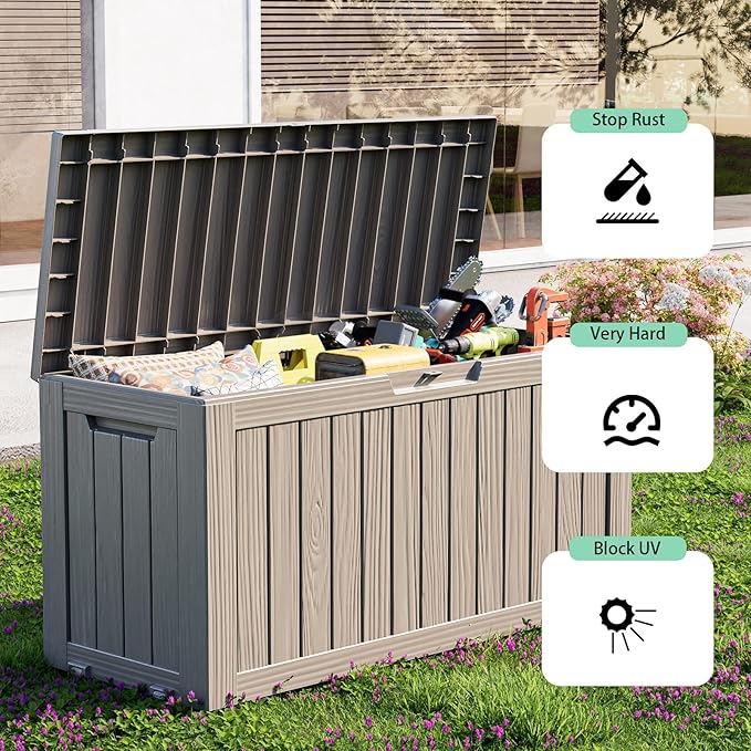 ROJIK Outdoor Storage Housing Deck Box - Waterproof Patio Furniture, Garden Tools, Cushions, Pool Accessories Storage Bench with Lockable Lid and Side Handles (Grey 78 Gal) ROJIK