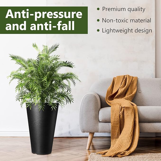 Sieral Set of 2 Tall Outdoor Planters 12 x 18 Inch Large Resin Outdoor Planters for Front Porch Flower Round Floor Decorative Indoor Pots with Drainage(Black) Sieral